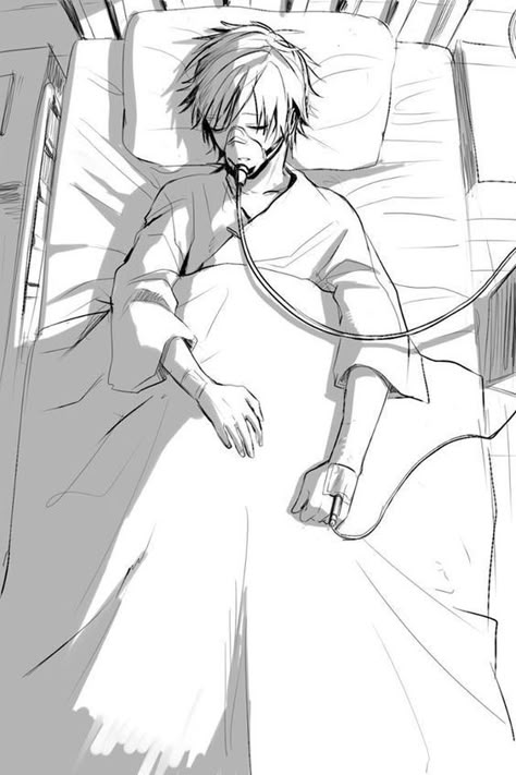 Sick Anime Character In Hospital, Man In Bed Drawing, Boy Cry At Night, Anime Lying Down, Bed Art Drawing, Hospital Room Drawing, Anime In Bed, Lying In Bed Drawing, Hospital Bed Drawing