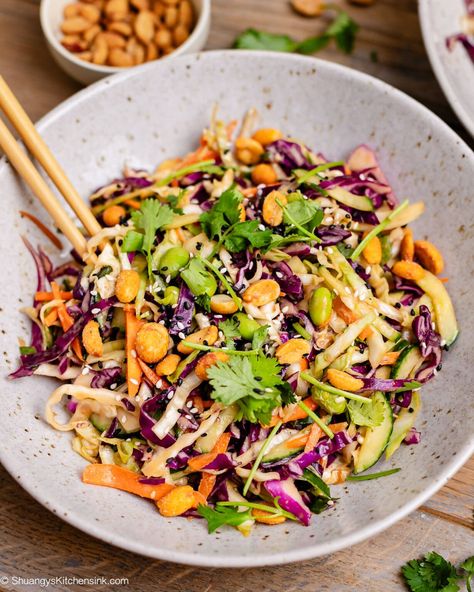 Asian Crunch Salad with Peanut Dressing Peanut Chicken Crunch Salad, Asian Crunch Salad, Asian Salad With Peanut Dressing, Thai Peanut Crunch Salad, Asian Salad Dressing Peanut, Thai Crunch Salad With Peanut Dressing, Thai Chicken Salad With Peanut Dressing, Cold Side Dishes, Peanut Salad