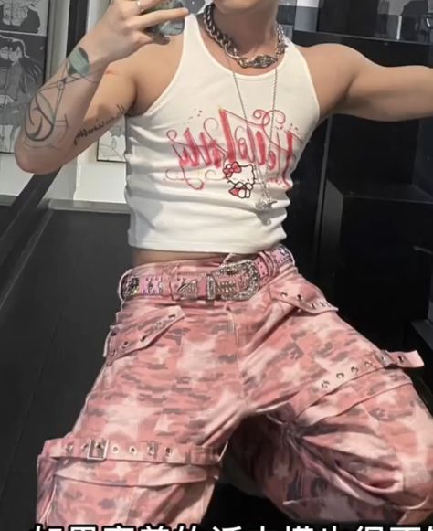 Pink Queer Fashion, Pink Aesthetic Men Outfit, Y2k Mens Aesthetic, Mikeycore Aesthetic, Playful Aesthetic Outfit, Clothes With Eyes On Them, Pink Male Outfit Aesthetic, Manwhore Outfits Men, Himbo Aesthetic Outfits Men