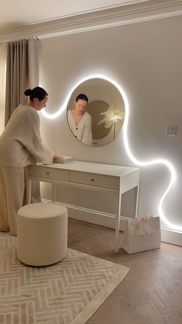 Led Rope Lighting Ideas, Wall Dressing Table, Artist Room, Modern Dressing Table Designs, Rowen Homes, Led Rope Light, Dressing Room Decor, Dressing Table Design, Led Rope Lights