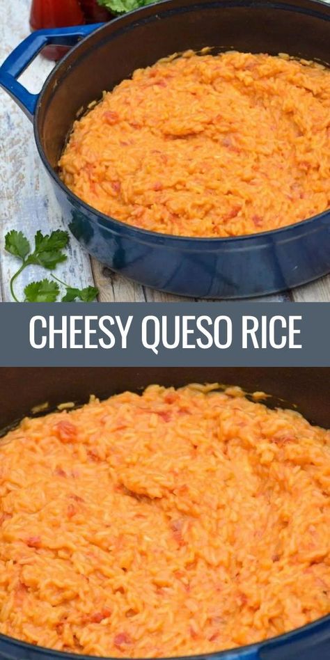 Cheesy Spanish Rice Recipe, Rice And Queso, Mexican Cheesy Rice Recipes, Side Dishes For Chicken Tacos, Side For Tacos Night, Cheese Mexican Rice, Queso Rice Recipe, Queso Rice, Taco Night Sides