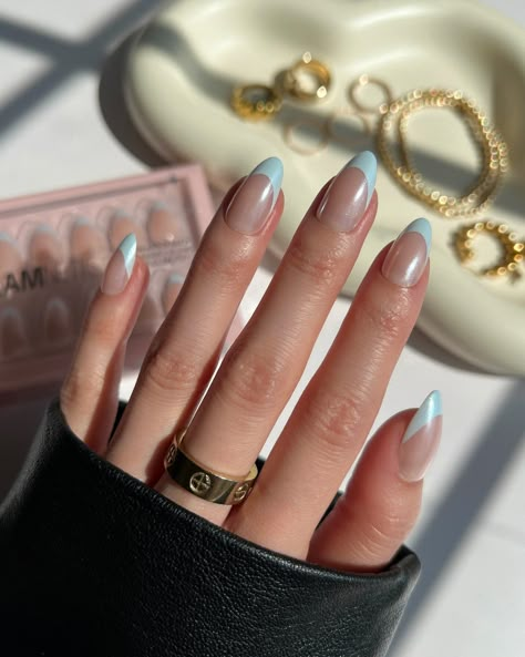 Baby blue chrome almond frenchies... yes please!!! 🤭🩵⁠ ⁠ @leannekduong wearing Blueberry Icing 🛍️ Baby Blue Chrome French Tip Nails, Icy Blue Chrome Nails, Blue French Tip With Chrome, Blue Chrome French Nails, Blue French Tip Chrome Nails, Blue Chrome French Tip Nails, Baby Blue Almond Nails, Almond Frenchies, Baby Blue Chrome Nails