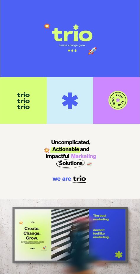 Trio Marketing Agency | Fun and Bold Brand Identity | Trio Brand Board  #logo #logoideas #logodesign Energetic Brand Identity, Sandwich Logo Design Branding, Graphic Design Agency Advertising, Agency Branding Identity, Bold And Fun Branding, Marketing Agency Logo Brand Identity, Strategy Logo Design, Quirky Brand Identity, Marketing Agency Moodboard