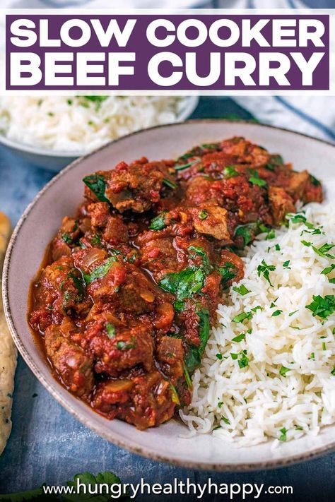 This Slow Cooker Beef Curry is an easy and comforting meal with a kick of spice. Slow cooked chunks of tender beef in a rich and spicy sauce served over a bed of rice. Spicy Beef Curry, Slow Cooked Beef Curry, Slow Cooker Beef Curry Recipes, Chuck Steak Recipes Crockpot Slow Cooker, Beef Curry Slow Cooker, Slow Cooker Beef Casserole, Slow Cooker Beef Curry, Beef Curry Recipe, Slow Cooker Curry