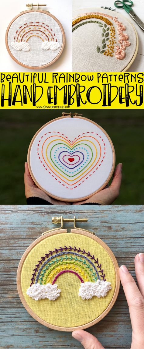 Click through for a huge list of beautiful rainbow hand embroidery patterns. Hand embroidery is a great hobby and perfect for passing the time! Embroidery Patterns Rainbow, Embroidery Rainbow Ideas, Hand Embroidered Rainbow, Embroidery Rainbow Pattern, Baby Embroidery Ideas, Baby Embroidery Patterns, Rainbow Embroidery Pattern, Cross Stitch Embroidery Designs, Funny Embroidery Patterns