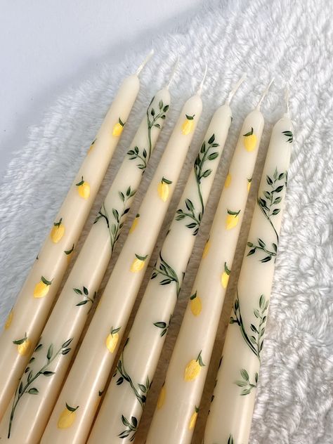 Hand Painted Candle Sticks, Pillar Candle Painting Ideas, Fall Painted Candlesticks, Hand Painted Candles Wedding, Handpainted Candle Sticks, French Art Prints, Painted Candlesticks, Lemon Candle, Painted Candles