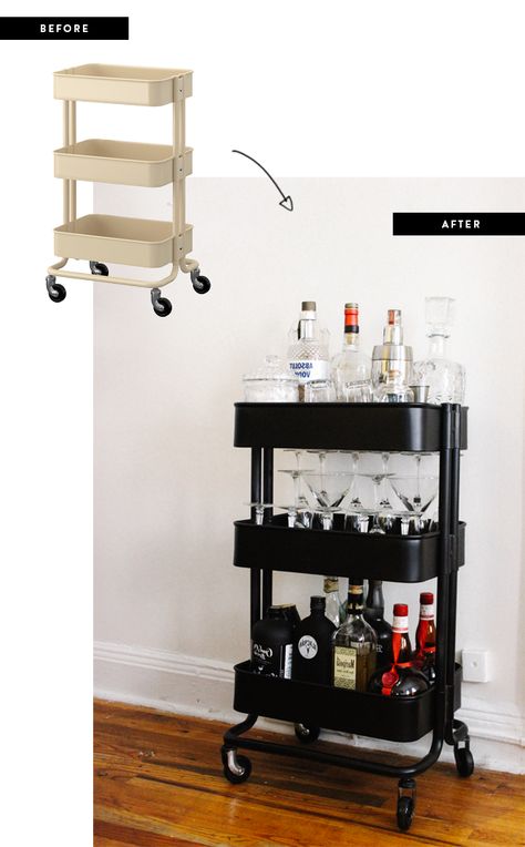 Make Your Own Classy Bar Cart With This Easy DIY - Verily Classy Bar Cart, Bar Cart Hack, Ikea Bar Cart, Ikea Cart, Ikea Bar, Ikea Raskog, Bandeja Bar, Diy Bar Cart, Kitchen Ikea