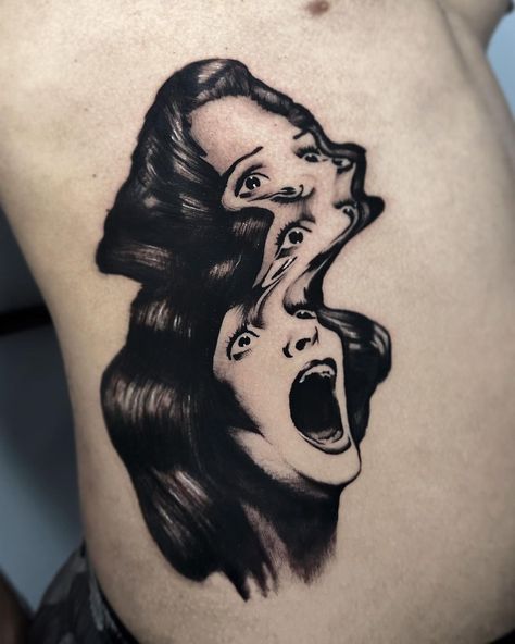 Dark Surrealism Tattoo, Woman Screaming Tattoo, Shadow Self Tattoo, Trippy Face Tattoo, Metalhead Tattoo Ideas, Victorian Style Tattoos, Faces Tattoo, Surrealism Tattoo, Upper Leg Tattoos