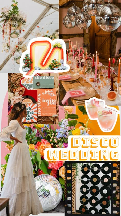 Eclectic Wedding Signs, Retro Wedding Ideas Vintage, 70s Italian Wedding, Disco Aesthetic Wedding, Retro Disco Decor, Fun Wedding Decorations, Retro Disco Wedding Theme, Italian Disco Wedding, Spring Disco Wedding