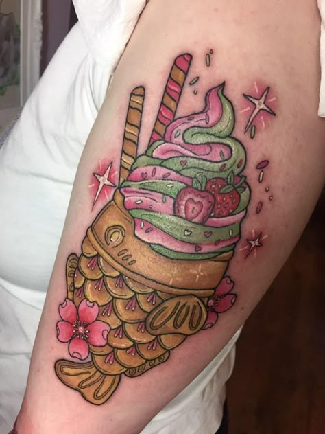 Matcha Tattoos, Taiyaki Tattoo, Matcha Taiyaki, Dessert Tattoo, Sushi Tattoo, Trip Tattoo, Ice Cream Tattoo, Food Tattoo, Pizza Tattoo