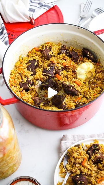 Feta Topalu on Instagram: "When I need a taste of home, I make plov! It’s an original Uzbek dish that has made its way around the globe and into our Russian home growing up. 🇷🇺

Plov varies from region to region. It’s traditionally made with lamb and cooked in a kazan (a very large cast iron pot) over a fire pit. I make my plov with chuck roast because that’s what my mom has always used.

This beef plov recipe has tender chunks of beef that are braised in a vegetable and spice broth, cooked all together with rice, making it the perfect one-pot meal the whole family will love!

Recipe on fettysfoodblog.com.

#plov #beefplov #beef #russianfood #russian" Plov Recipe Beef Russian, Beef Plov, Plov Recipe, Russian Home, Love Recipe, Cast Iron Pot, Chuck Roast, Russian Recipes, Taste Of Home