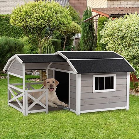 "CABIN STYLE: This dog house features a porch and a living room. It's a fun and rustic addition to your backyard, patio, garden, or inside the house. RAISED DESIGN: The elevated floor of this wooden dog house keeps your pet dry and warm and protects your dogs from insects and moisture. The front door and side windows help eliminate drafts and provide better airflow. ALL-WEATHER CONSTRUCTION: The main living house has an asphalt roof to withstand most light weather conditions. The spacious deck o Xl Dog House, Easy Dog House, Dog House With Porch, Big Dog House, Extra Large Dog House, Luxury Cat Tree, Dog Room Decor, Wood Dog House, Wooden Dog Kennels