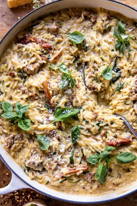 One Pot Creamy Sun-Dried Tomato Orzo | halfbakedharvest.com Sun Dried Tomato Orzo, Tomato Orzo, Half Baked Harvest Recipes, Orzo Recipes, Harvest Recipes, Half Baked, Winter Dinner, Low Sodium Chicken Broth, Half Baked Harvest