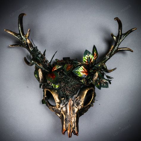 This Forest Animal Skull Mask With Deer Horns Is Made From Plastic, And Hand Crafted With Different Element Then Painted For An Beautiful Unique Mythological Forest Look. The Mask Is About 14" Tall And 14" Wide. The Masquerade Mask Will Make A Great Costume Accessory. This Masquerade Can Also Be A Create Home Wall Decor After The Party. Product Feature Made From Plastic And And Hand Crafted With Different Element Then Painted. Great For A Masquerade Ball, Venetian Costume, Halloween Costume, Mus Deer Mask Masquerade, Deer Masquerade Mask, Meadowlark Oc, Forest Creature Costume, Masquerade Outfit Men, Male Masquerade Mask, Masquerade Mask Ideas, Forest Masquerade, Masquerade Mask Design