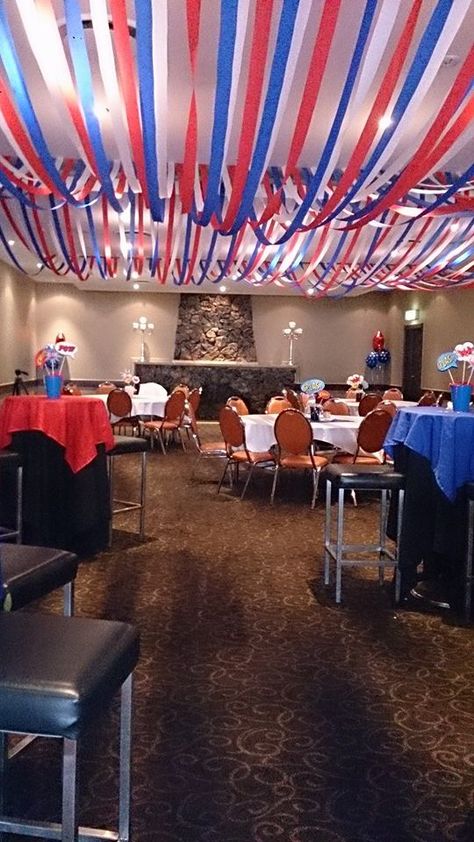 American Themed Party Decorations, Usa Theme Party Decorations, American Decorations, Red And Blue Party Decorations, Red White And Blue Classroom, Red White And Blue Student Section, Red And Blue Classroom Theme, Welcome To America Party, Red White And Blue Event Decor