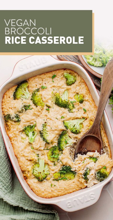 Vegan Broccoli Rice Casserole - Full of Plants Vegan Broccoli Rice Casserole, Cheese Broccoli Rice Casserole, Cheese Broccoli Rice, Rice Cheese Casserole, 2000 Food, Noodles Dinner, Casserole Vegan, Vegan Casseroles, Autumn Soup