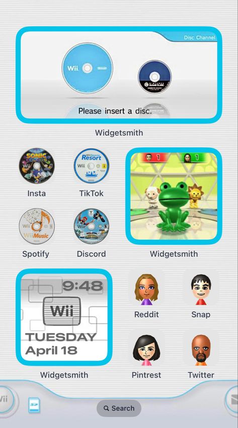 Wii Iphone Homescreen, Wii Themed Phone, Wii Phone Theme, Wii Wallpapers, Wii Home Screen, Iphone Layouts, Ios Theme, Phone Layouts, Frutiger Aero