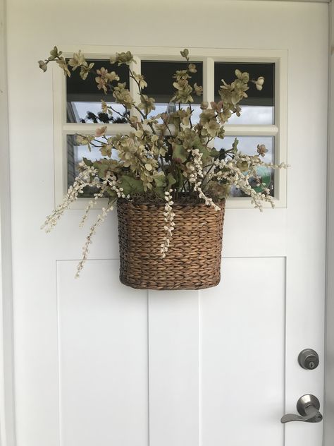 Hanging Front Door Flower Basket Front Door Hanging Basket Woven, Door Basket For Fall, Front Foor Wreath, Hanging Flowers Basket, Hanging Front Door Basket, Basket Front Door Wreath, Front Door Arrangements, Hanging Basket Door, Basket Wreaths For Front Door Fall