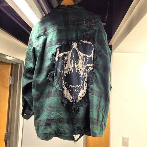 Punk Men’s Clothing, Punk Crafts Diy, Green Bleached Shirt, Full Tattoo Sleeve, Alt Shirts, Hand Painted Clothing Diy, Emo Denim Jacket, Alt Denim Jacket, Obscure Fashion