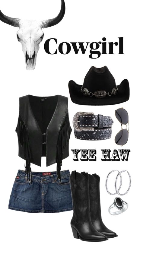 Costume Cow Girl Outfits Ideas Halloween, All Black Cowgirl Costume, Scary Cowgirl Costume, Black Cowgirl Costume, Diy Cowgirl Costume, Cow Girls Halloween Costumes, Cute Cowgirl Costume, Cowgirl Costume Women, Cowgirl Costume Diy