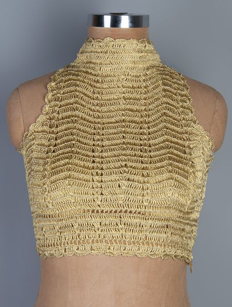 Golden Neemzari Thread Halter Sheer Back Crochet Blouse on Jaypore.com Crochet Saree Blouse, Crochet Saree, Knit Tank Pattern, Knit Tank Top Pattern, Crochet Blouses, Crochet Top Dress, Beaded Clutch Bag, Halter Blouse, Lehenga Blouse Designs