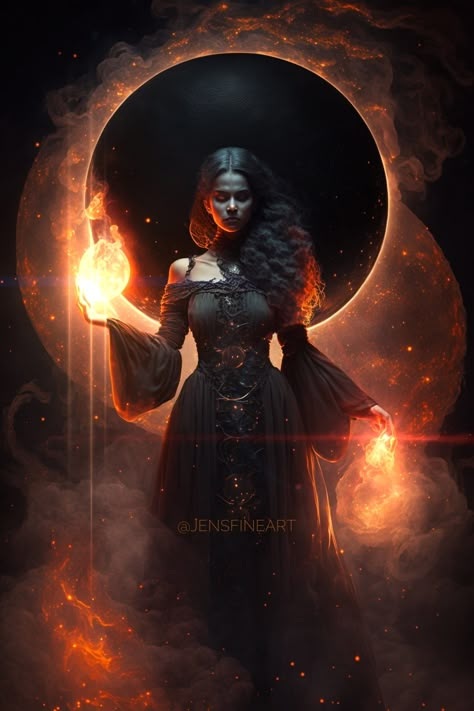 Goddess Of Fire Fantasy Art, Ball Of Fire Drawing, Fire Goddess Aesthetic, Fire Woman Art, Fire Witch Art, Fire Goddess Art, Gothic Astrology, Dark Goddess Art, Witch Fantasy Art