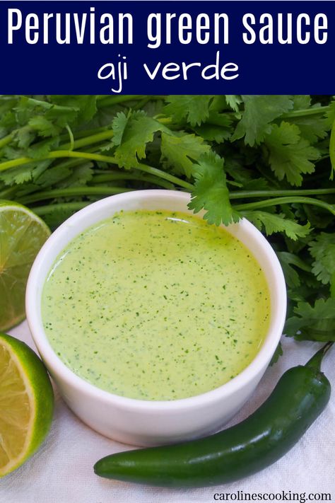 Aji verde, often called Peruvian green sauce elsewhere, is wonderfully easy and flavorful. It gets it's color from cilantro and has a little kick from aji amarillo, a popular Peruvian chili. So good. #chili #peruvianfood #peruviansauce Brazilian Green Sauce, Ahi Verde Sauce, Aji Verde Sauce Recipes, Peruvian Sauces Recipes, Cuban Green Sauce, Pio Pio Green Sauce Recipe, Peruvian Salad Dressing, Mexican Green Chili Sauce, Recipes Using Aji Amarillo Paste