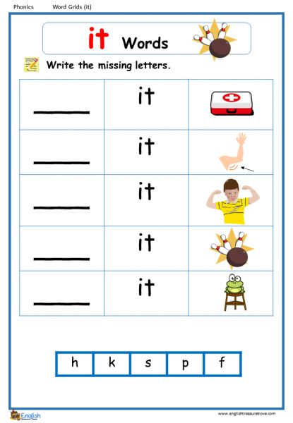 Word Family at Word Grids English Phonics Worksheet – English Treasure Trove It Family Words Worksheets, Grade 1worksheets, It Family Words, Grade 1 Reading Worksheets, Family Words, Grade 1 Reading, Words Worksheet, Family Word, Cvc Words Kindergarten