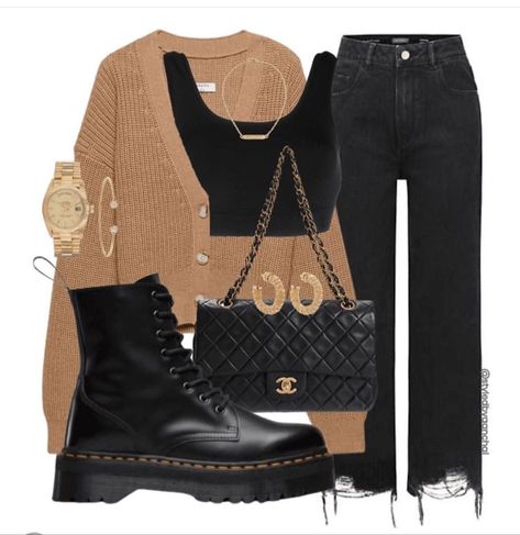 Casual Edgy Outfits, Chique Outfits, London Outfit, Outfit Inspo Casual, Brown Cardigan, Casual Day Outfits, Casual Winter Outfits, Edgy Outfits, Doc Martens