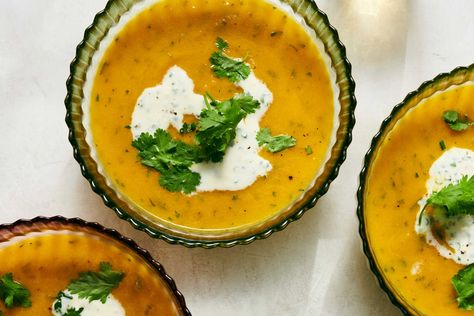 Let’s proceed on the theory that everyone likes soup, and some soups are better than others You might think of squash for an autumn soup, but this bright soup of carrots, stewed with ginger and jalapeño and finished with a good squeeze of lime and a handful of chopped cilantro, is an example of how not to make the all-too familiar stodgy too-thick purée Still, feel free to try it with kabocha or butternut squash Chilled Soups, Carrot Ginger Soup Recipe, Autumn Soup, Spicy Carrots, Carrot Ginger Soup, Ginger Soup, Carrot And Ginger, Carrot Soup, Fall Soups