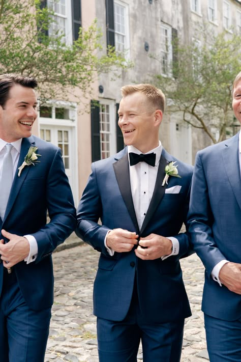 Groomsmen Blue Tuxedo, Navy Groom Tuxedo, Navy Tuxedo Wedding Groomsmen, Navy Wedding Tux Groom, Navy And Black Groomsmen, Spring Tuxedo Wedding Grooms, Navy Blue Tux Wedding, Groom And Groomsmen Attire Blue, Blue Tuxedo Prom