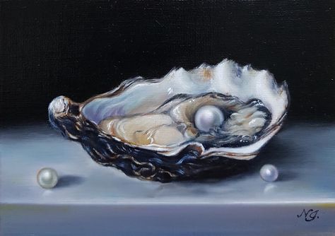 Oysters With Pearls Inside, Oyster Pearl Painting, Oyster With Pearl Painting, Oyster Still Life, Oyster Oil Painting, Oyster With Pearl Drawing, Painting Pearls, Pearls Drawing, Dotty Painting