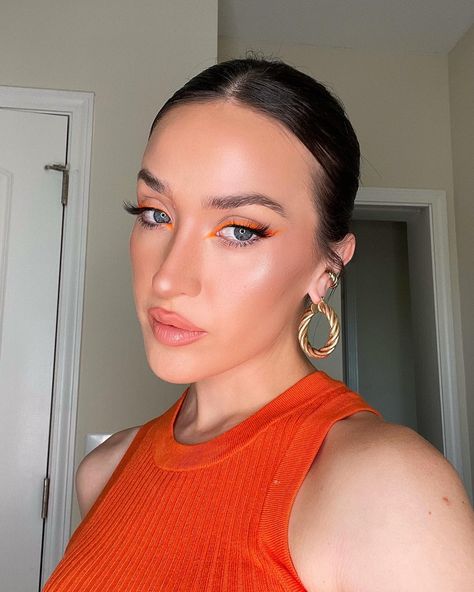 Orange Festival Makeup, Neon Orange Makeup, Orange Makeup, Festival Makeup, Neon Orange, Wedding Makeup, Carnival, Hoop Earrings, Neon