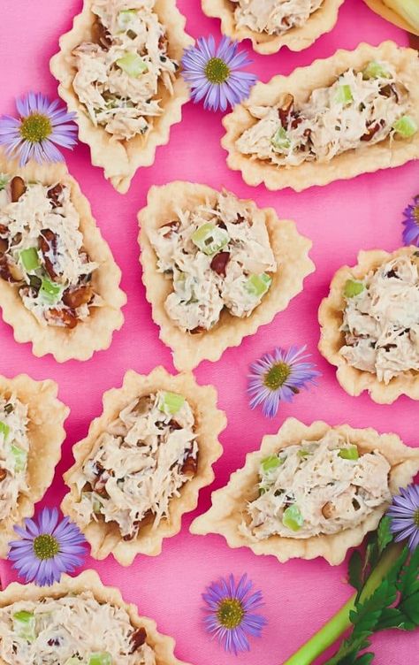 These honey chicken salad cups appetizers are the perfect party food for a ladies luncheon, tea party, or girls night. #appetizers #partyfood #chicken #partyappetizers Garden Luncheon Ideas, Tea Luncheon Ideas Ladies Lunch, Valentines Luncheon Ideas, Salad Cups Appetizers, Light Luncheon Menu Ladies Lunch, Luncheon Ideas Ladies Lunch, Ladies Luncheon Menu Ideas, Honey Chicken Salad, Chicken Salad Cups