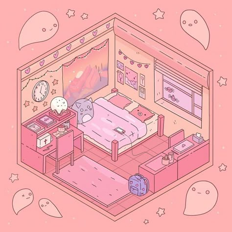 Bedroom Drawing Aesthetic, Kawaii Isometric, Anime Room Aesthetic, Illustrator Vector Art, Isometric Drawings, Isometric Rooms, Room Aesthetic Decor, Cartoon Room, Isometric Room