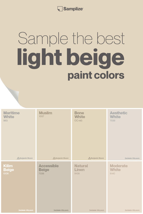 Sample the best light beige paint colors with Samplize to help elevate your space effortlessly. Beige Aesthetic Wall Paint, Light Beige Paint Colors Bedrooms, Light Khaki Paint Color, Light Sand Paint Color, Light Beige Bedroom Walls, Best Light Tan Paint Color, Creamy Beige Paint Colors, Best Beige Paint Color, Light Beige Walls