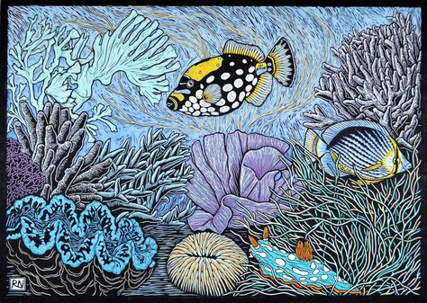 Wildlife - Linocuts — Rachel Newling Rachel Newling, Lace Monitor, Watercolor Coral Reef, Boab Tree, Green Tree Python, Mangrove Trees, Tree Python, John Dory, Lino Cuts