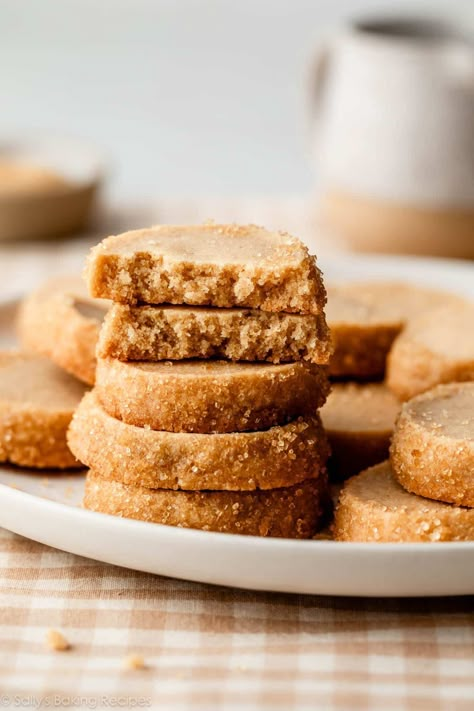 Brown Sugar Shortbread Cookies - Sally's Baking Addiction Sally’s Baking Shortbread, Brown Sugar Shortbread Cookies, Cinnamon Shortbread Cookies, Shortbread Sugar Cookies, Sallysbakingaddiction Cookies, Rolled Shortbread Cookies, Brown Sugar Shortbread Cookies Recipe, Coffee Shortbread Cookies, Christmas Cookies Gifts