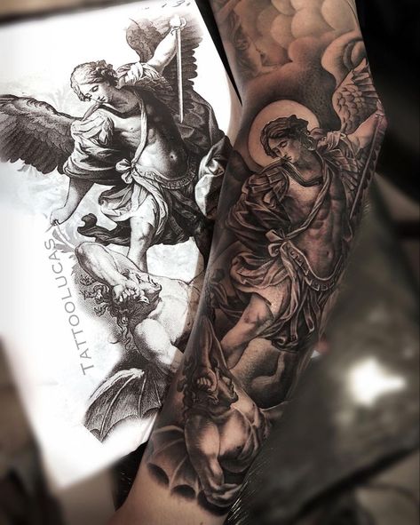 Angel Sleeve Tattoo, St Michael Tattoo, Arm Tattoos For Guys Forearm, Tattoo Font For Men, Half Sleeve Tattoos Forearm, Archangel Tattoo, Money Tattoo, Full Sleeve Tattoo Design, Men Tattoos Arm Sleeve