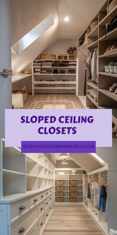 This pin showcases stylish sloped ceiling closet ideas, highlighting creative closet solutions for angled spaces. It includes two images illustrating effective designs for maximizing storage in your home. Angled Ceiling Closet, Sloped Ceiling Closet, Furniture For Apartments, Ikea Sektion Cabinets, Creative Storage Ideas, Custom Closet Design, Porch Windows, Beautiful Closets, Slanted Ceiling