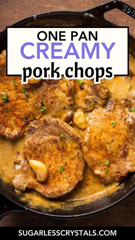 Elevate your dinner game with our Easy One-Pan Creamy Garlic Pork Chops recipe. Perfect for a 30-minute dinner, these tender pork chops are seared and then simmered in a velvety garlic cream sauce. This quick pork chop meal is not only delicious but also a breeze to prepare and clean up. Ideal for family dinners, this simple pork chop dinner will become a staple in your recipe collection. Enjoy the rich flavors and ease of this comfort food recipe tonight. Pork Chop Pan Sauce, No Less Pork Chop Recipes, Pork Chop Recipes Skillet, Porkchops Dinner Ideas Easy Recipes, Porkchops Dinner Ideas, Creamy Garlic Pork Chops, Bone In Pork Chop Recipe, Center Cut Pork Chop Recipes, Stove Top Pork Chops