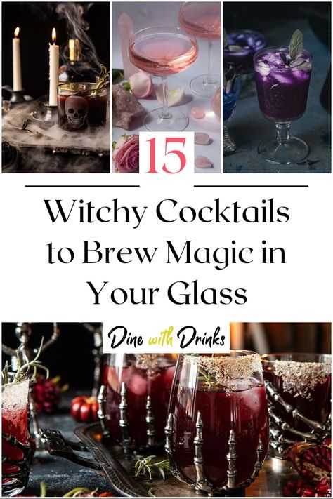 Collage of 4 witchy cocktails. Fancy Halloween Cocktails, Witches Drink, Classy Halloween Cocktails, Spooky Mock Tails, Witch Themed Drinks, Witch Cocktail Recipe, Halloween Themed Cocktail Recipes, Samhain Drinks, Halloween Party Beverages