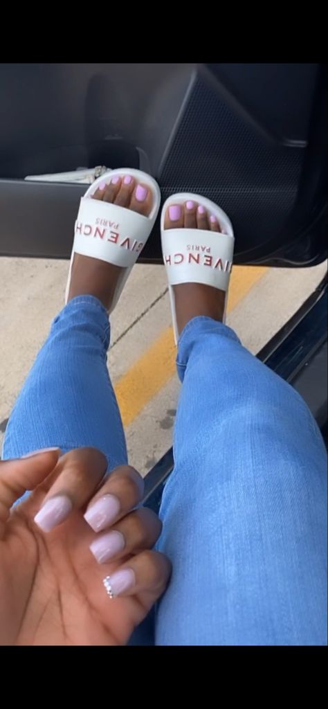 Lavender nails, pedicure, short nails, Givenchy flat slides Lavender Toes Nails, Lavender Toes, Lavender Toe Nails, Lavender Pedicure, Lavender Nails Short, Lavender Nails, College Girls, Chic Nails, Short Nails