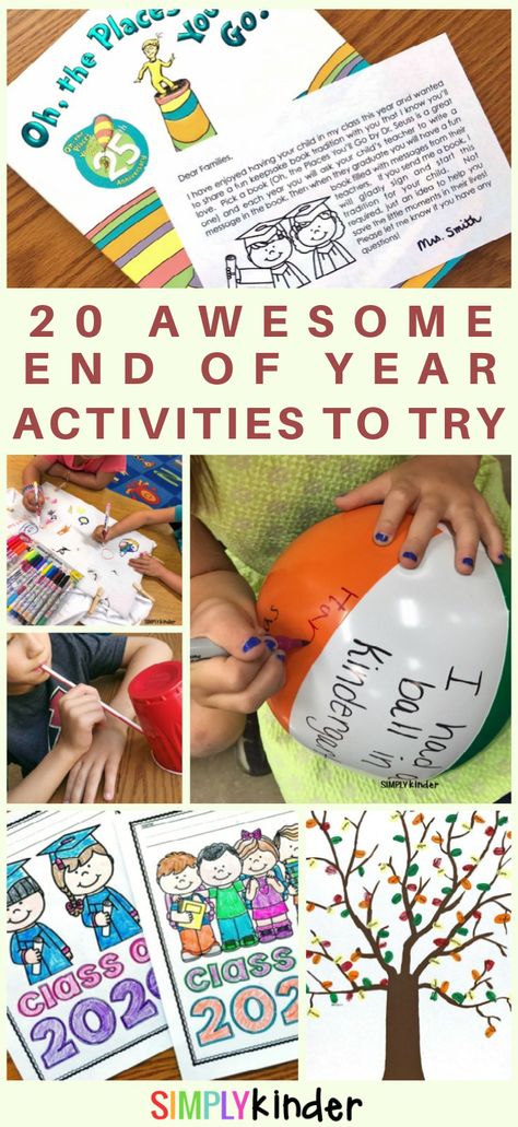 A great list of end of awesome school year activities for kindergarten kids. Click through for easy prep FUN with free printables, memory books, games, and more! #endofyear #kindergarten End Of Year Games For Kids, Fun End Of Year Activities Kindergarten, Fun Last Day Of School Activities Preschool, National Kindergarten Day, End Of Year Games For Kindergarten, End Of School Year Crafts For Kids, Kindergarten Graduation Activities, Last Day Of School Ideas For Teachers, End Of Year Theme Days Kindergarten