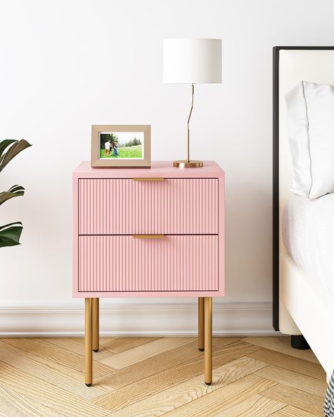 Bright Bedside Table, Peach Bedside Table, Pink Nightstand Aesthetic, Cute Bedside Tables, College House Bedroom, Pink Bedside Table, Pink Nightstand, Girl Bedside Table, Pink Bedside Tables