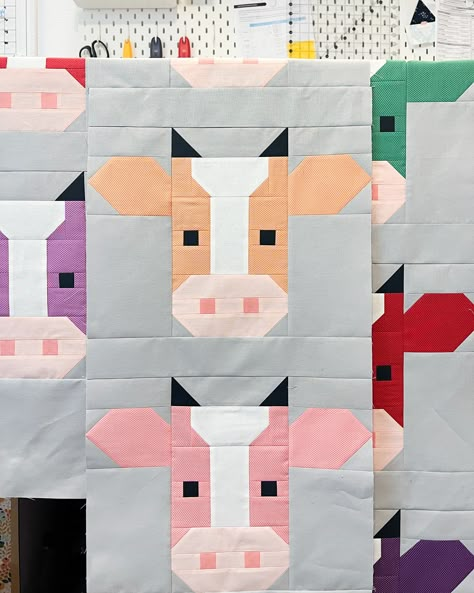 She's quirky, she's fun - meet Annabelle. She's quirky, she's fun - meet Annabelle. This traditionally pieced quilt pattern features a playful and modern cow design. Get creative and let your imagination run wild with two fabric options - layer cakes or fat quarters - and three sizes. This traditionally pieced quilt pattern features a playful and modern cow design. Quilt Modern Patterns, Cow Quilt Block Pattern Free, Highland Cow Quilt Pattern Free, Cow Quilt Pattern Free, Cow Quilt Block, Cow Costume Ideas, Cow Quilt Pattern, Cow Sewing Pattern, Cow Quilts