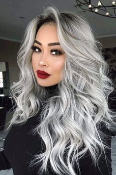 Long Black And Silver Hair, Dark Gray Ombre Hair, Long Black Hair With Gray Highlights, Highlights Grown Out, Grey Silver Hair Color, Ice Grey Hair, Silver Brunette Hair, Silver Hair With Shadow Root, Blonde With Silver Highlights