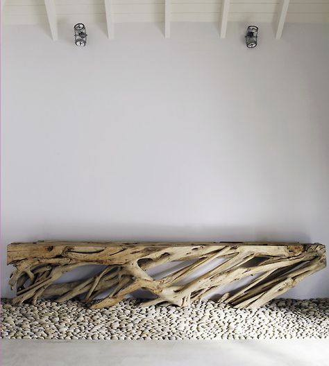 natural bench, stone pebble floor Driftwood Bench, Pebble Floor, Driftwood Table, Products Display, Cube Table, Hallway Bench, Natural Movement, Bench Designs, Drift Wood