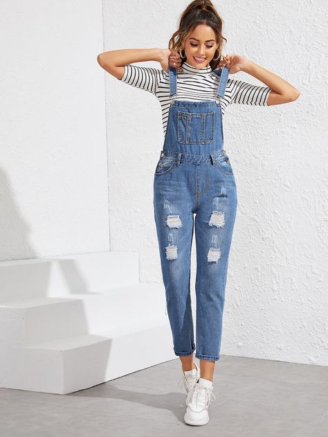 Ripped Pocket Front Denim Overall | SHEIN Outfits Con Jumper, Denim Jumper Pants, Denim Jumpsuit Outfit, Jumpsuit Outfit Casual, Long Overalls, Denim Pullover, Jumper Pants, Looks Jeans, Overalls Fashion