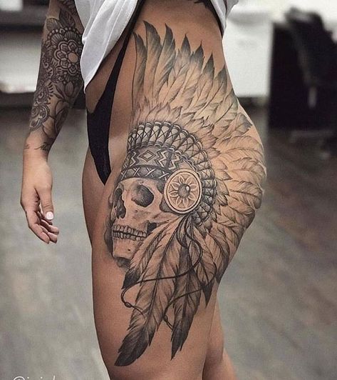 Leg Skull Tattoos Women, Indian Skull Tattoos For Women, Indian Headdress Tattoo Woman, Hip Skull Tattoos Women, Native Leg Sleeve Tattoo, Native American Tattoos Thigh, Native American Hip Tattoos Women, Indian Hip Tattoo, Leg Tattoos Western